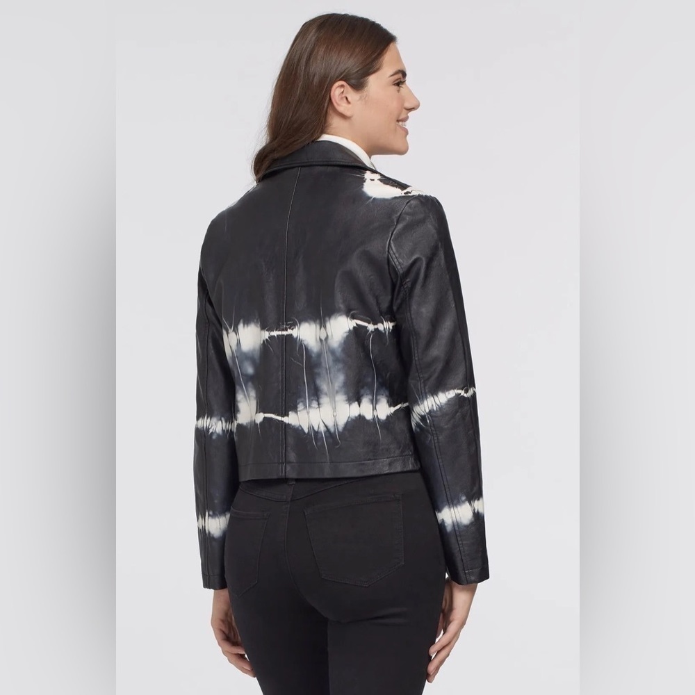 Tribal Women’s Black White Tie Dye Print Faux Vegan Leather Jacket Sz S NWT - Picture 2 of 13